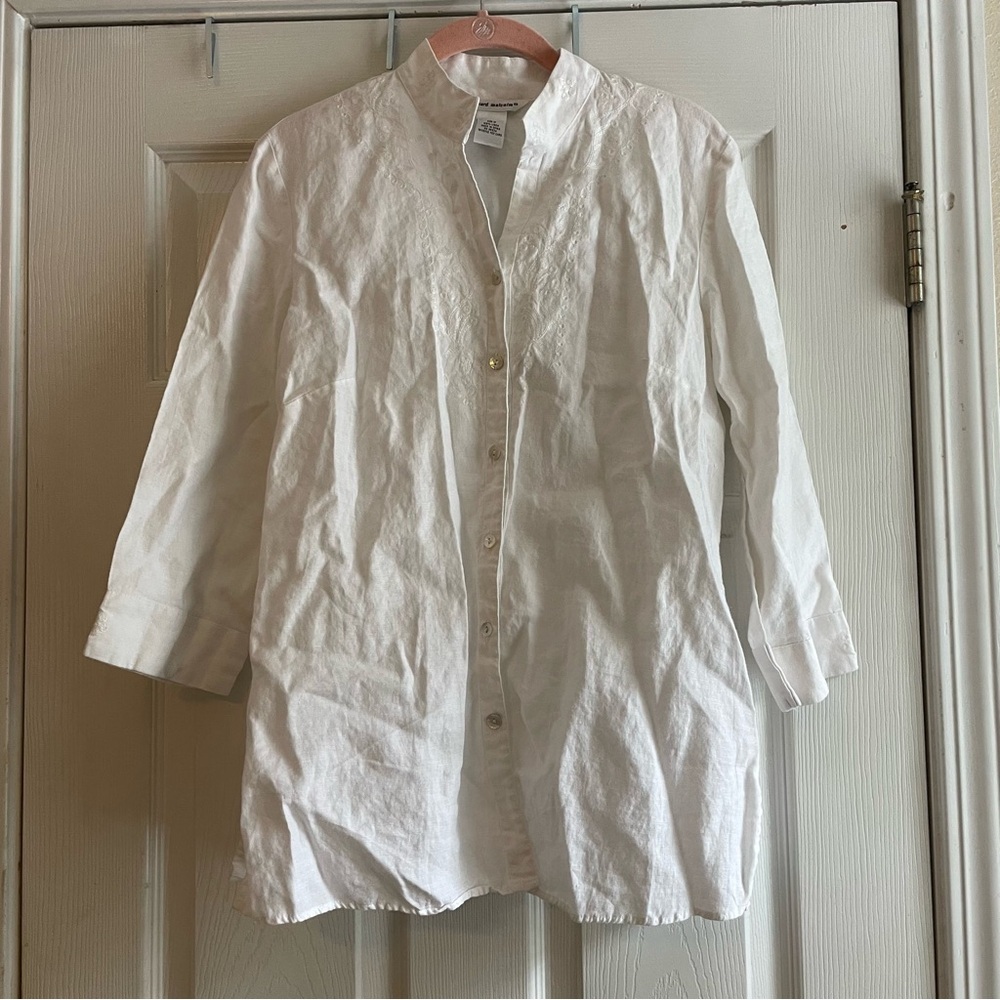 Richard Malcolm Size Medium White 100% Linen Button Down 3/4 Sleeve Shirt